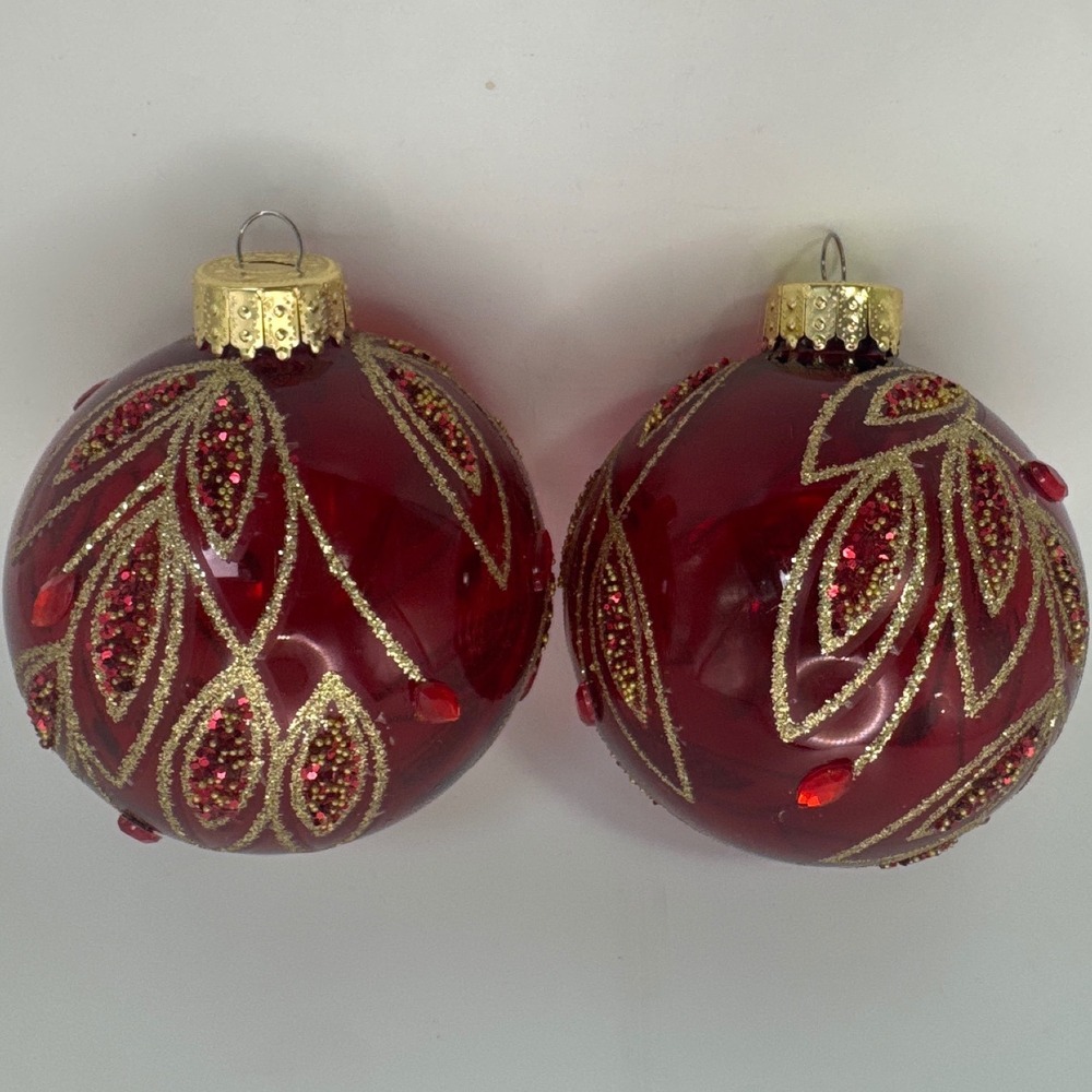 2 Red Glass Christmas Ornaments Gold Glitter Leaf Sequin Rhinestone 3 inch Round